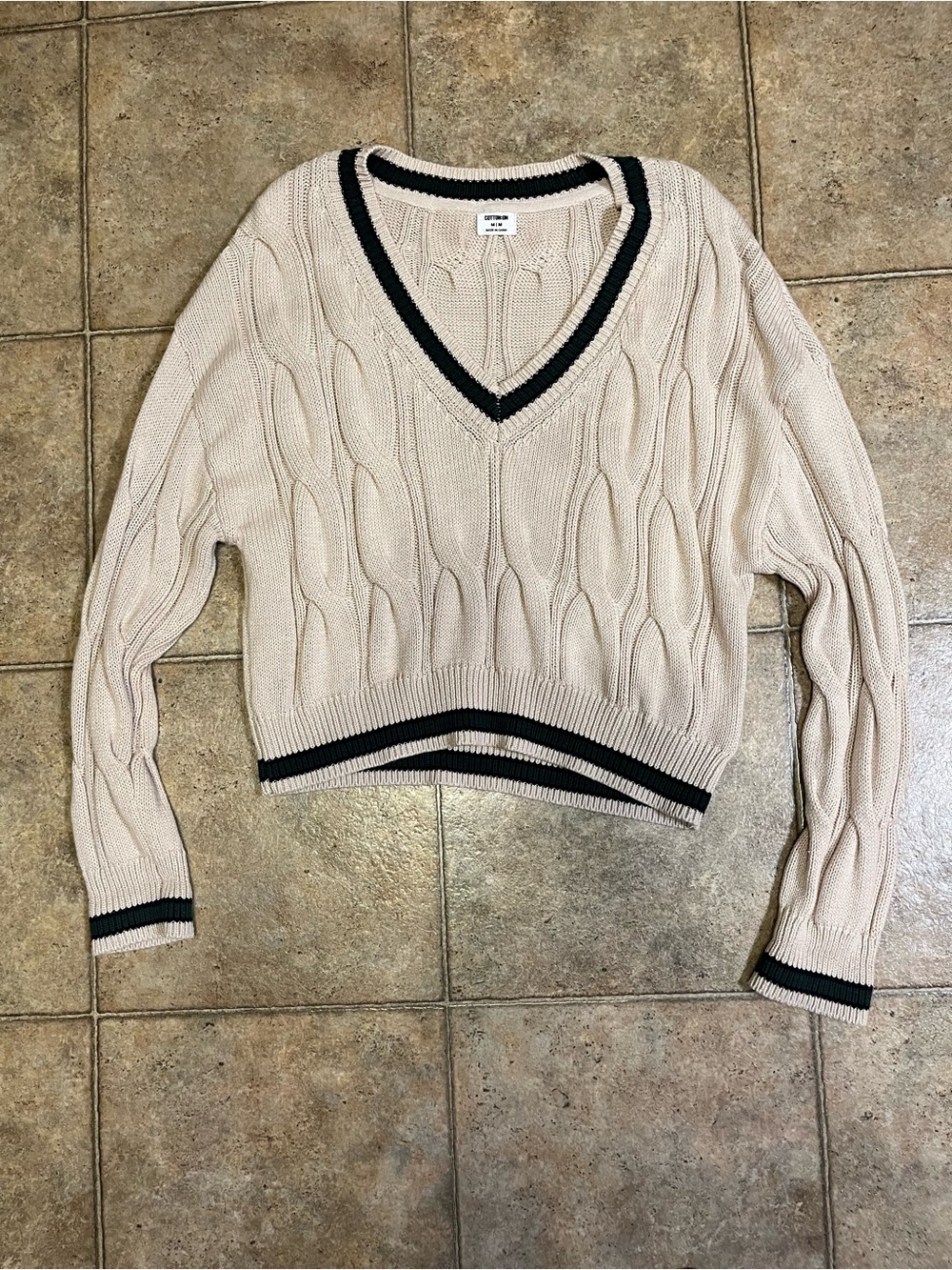 Cable-Knit V-Neck Sweater in Cream with Green and Navy Trim